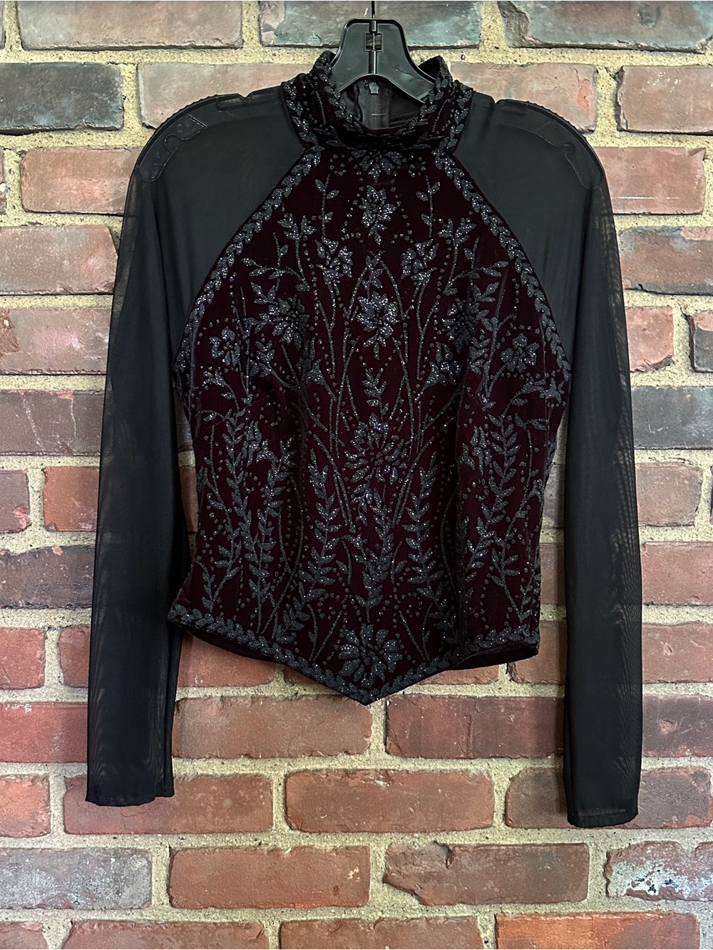 Tadashi, Embellished Blouse, Mock Neck, Long Mesh Sleeves XL -36 chest / 21”L